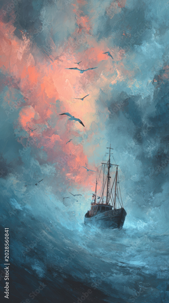 Fototapeta premium Red Fishing Boat in Stormy Sea – AI Generative