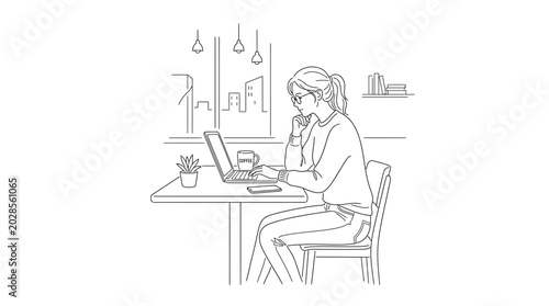 Obraz na plátně A woman sitting at a table in a cafe, working on her laptop and looking out the