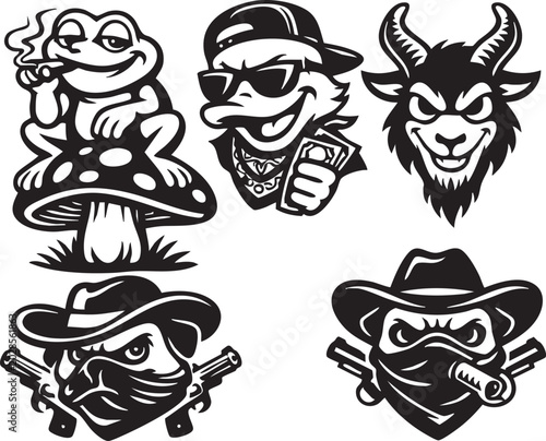 Set of cool cartoon animal characters and mascot stickers Vector