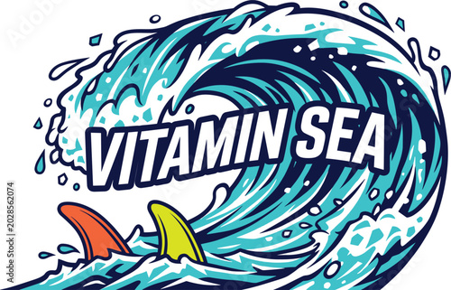 Photos Vitamin Sea Vintage Surf Badge Vector Illustration Featuring a Large Curling Oce