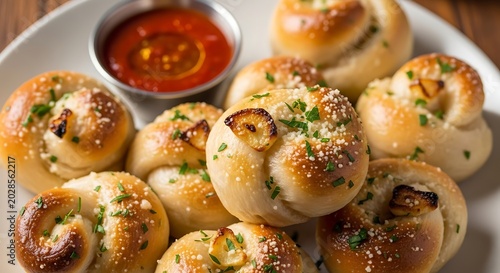 Golden Garlic Knots Served with Red Marinara Sauce on White Plate