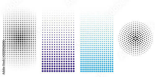 Three rectangular and one circular halftone dot patterns on a white
