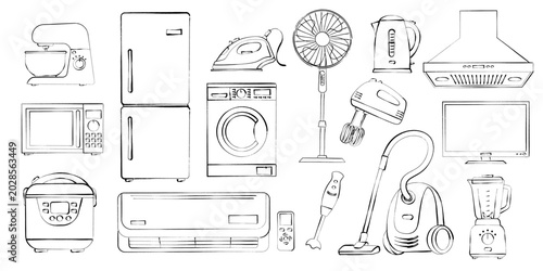 Foto Hand drawn illustration of domestic household and kitchen electrical appliances set