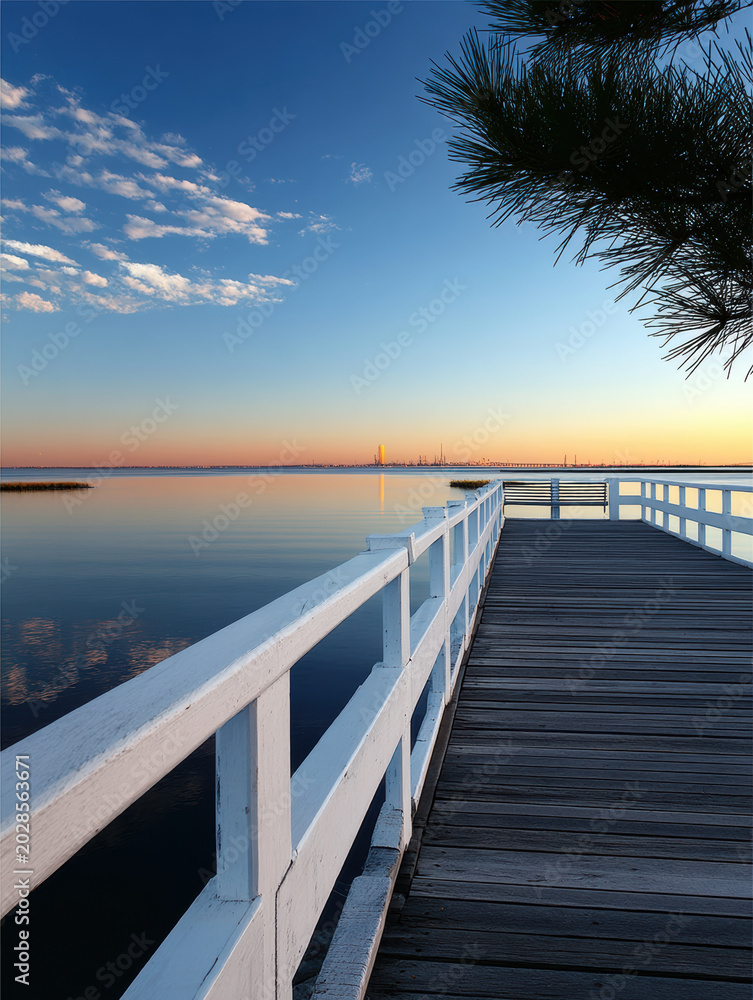 Obraz premium Wooden pier extends over calm lake at sunrise, tranquil water reflects sky, peaceful morning scene with soft clouds and pine tree branch