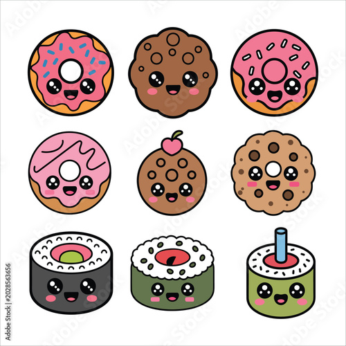 Adorable Kawaii Food Icon Set with Donuts, Sushi, and Cookies