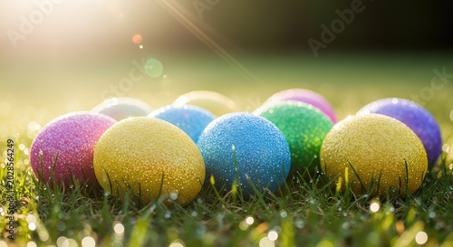 Colorful Easter eggs on green grass.