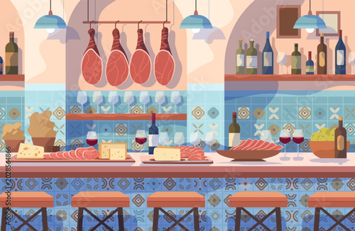Spanish tapas bar interior traditional cuisine wine ham cheese blue tiles hanging lamps wooden stools counter bottles