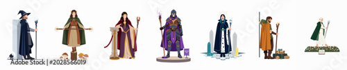 Foto Collection of diverse fantasy characters including wizards, elves, mages, and knights in flat vector style for role-playing games and creative projects