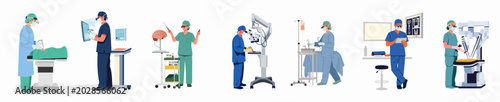 Fotografía Flat illustration set of diverse medical professionals performing advanced surgeries and using high-tech equipment in a modern hospital setting