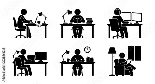 Fotografi Stick Figure Work and Study Set, 6 Icons for Office, Home, and Learning Activiti