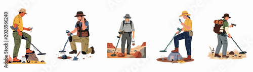 Konstfotografi Flat illustration set of diverse treasure hunters using metal detectors to search for buried artifacts and coins in various outdoor landscapes