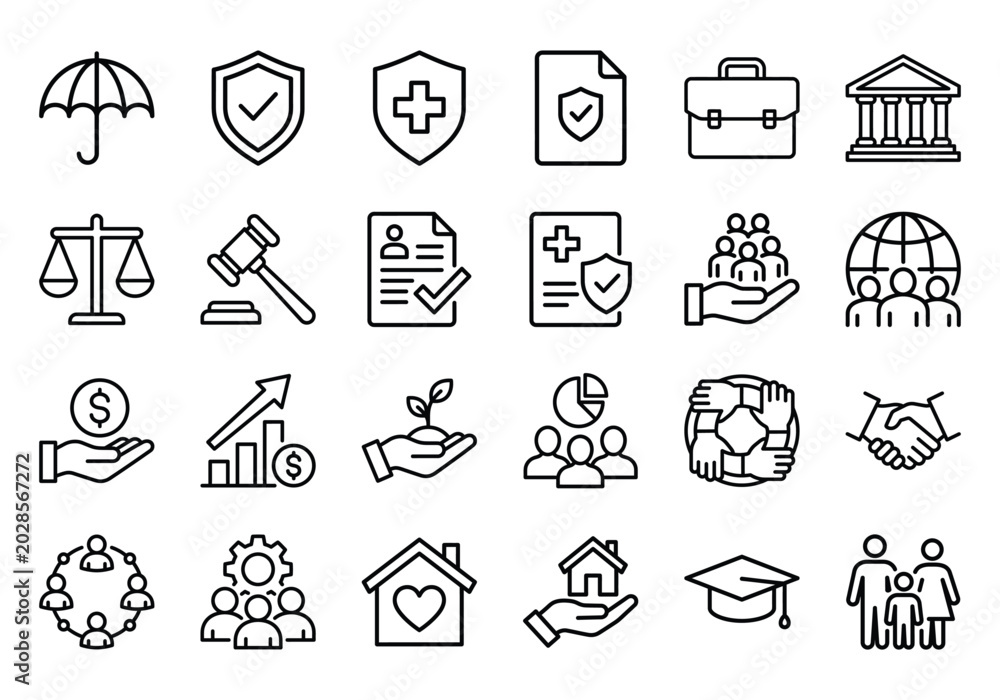 Fototapeta premium Insurance and business icons collection with graduation cap pie chart insurance business protection umbrella
