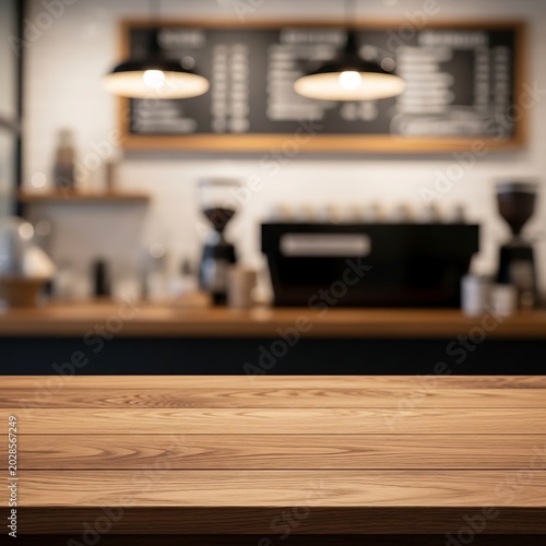 Empty Wooden Counter in Blurred Modern Coffee Shop Interior