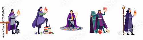 Photos Fantasy mages and wizards flat vector characters set, tabletop roleplaying game elements, spellcasters with fire magic, d20 dice, miniatures, and books