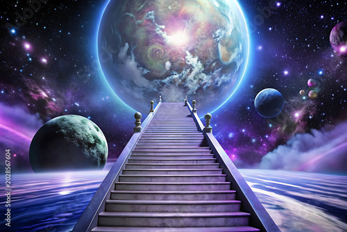 Cosmic stairway leading to a vibrant alien planet and nebula in deep space galaxy cosmos vector illustration