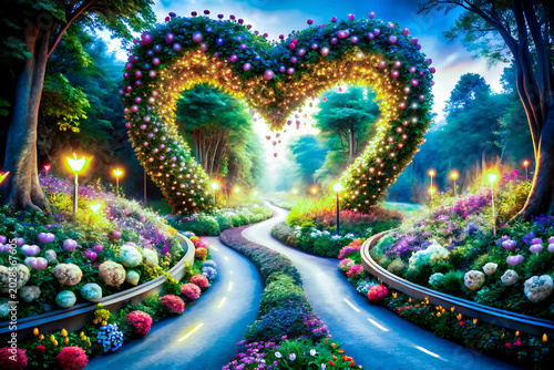 Enchanted Garden with Heart Archway, Glowing Lights, and Colorful Flowers fairy lights vector illustration