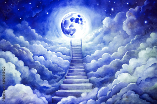 Stairway to the moon and stars in a dreamy cloudy sky fantasy night vector illustration