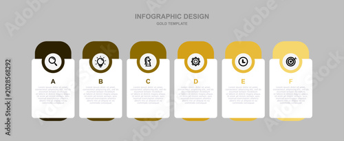Gradient Six Stage Process Infographic Template with Rounded Elegant Shapes and Icon Set. Luxury Gold Timeline Layout for Business Presentation.