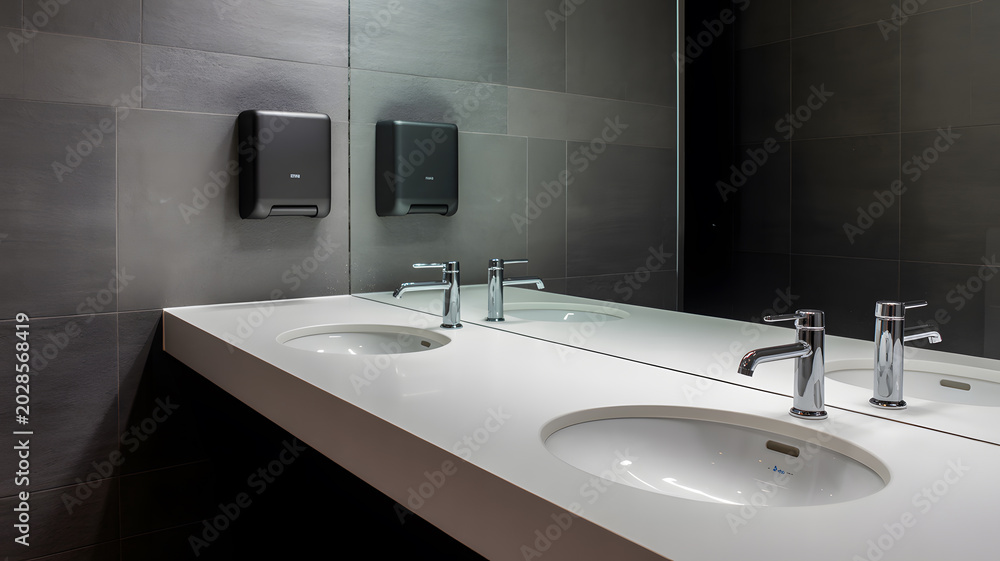 Fototapeta premium A modern bathroom with a sleek white countertop and gray tile walls
