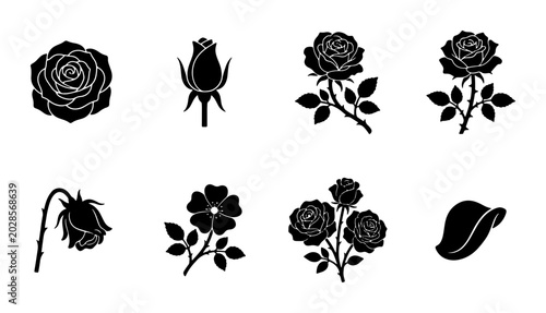 Photos Elegant Rose Silhouettes, Vector Floral Icons Set: Blooming Flowers, Buds, and W
