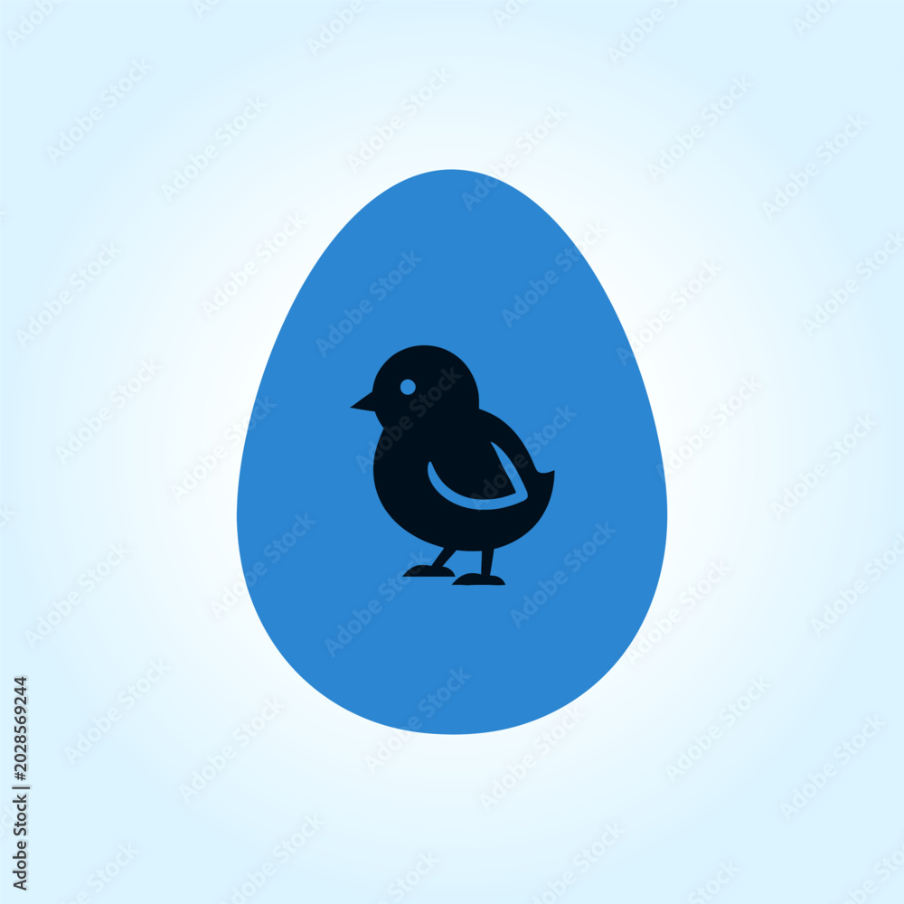 Fototapeta premium Little chick inside blue oval egg shape icon isolated on light background for Easter spring season poultry bird farm animal concept cute minimalist graphic design element vector illustration.