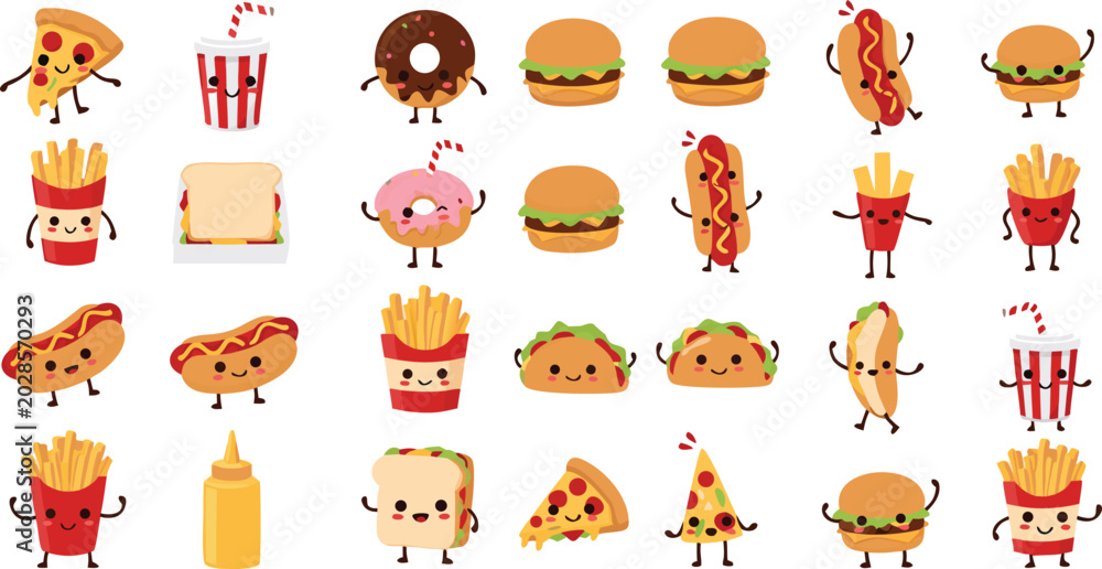 Fototapeta premium Cute fast food cartoon vector illustration set featuring funny pizza burger fries hotdog taco and kawaii snack characters
