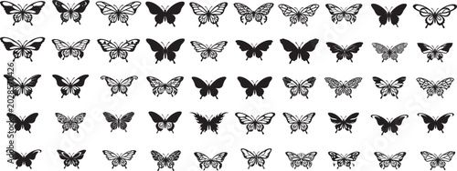 Butterfly silhouette set. butterfly vector illustration, Butterfly Clipart Set, butterflies icons isolated on white background, Butterfly Art Bundle, Black and White Decorative Vectors. 

