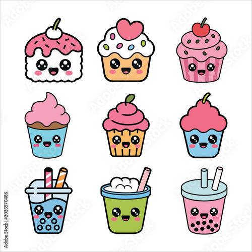 Adorable Kawaii Cupcakes and Bubble Tea Cartoon Icon Set