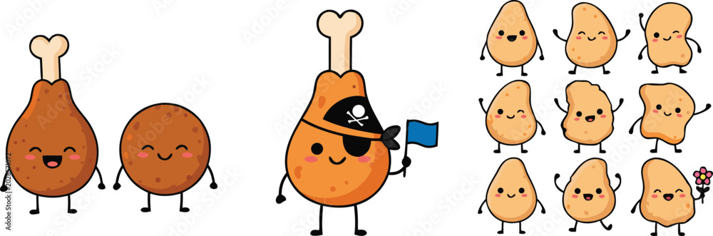 Fototapeta premium Cute fried chicken cartoon vector illustration set featuring funny drumstick nugget and kawaii fast food characters isolated collection