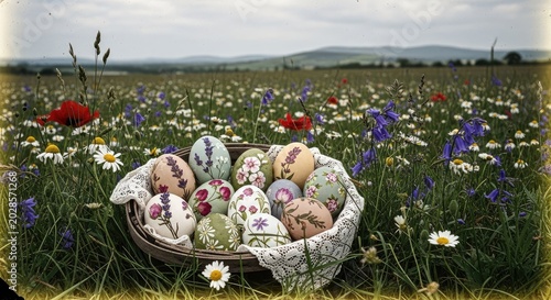 Easter eggs in a basket field.