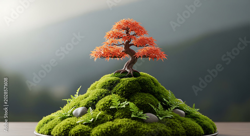 Bonsai tree on mossy mound with rocks on transparent background high quality