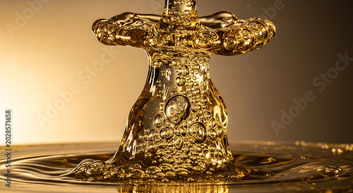 Golden liquid splash with bubbles and ripples on transparent background high quality