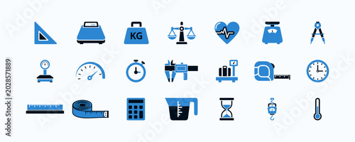 Quadro su tela Set of measuring tools and instruments icons showing various types of scales, rulers, meters, and timing devices for accurate measurements in diverse fields and applications