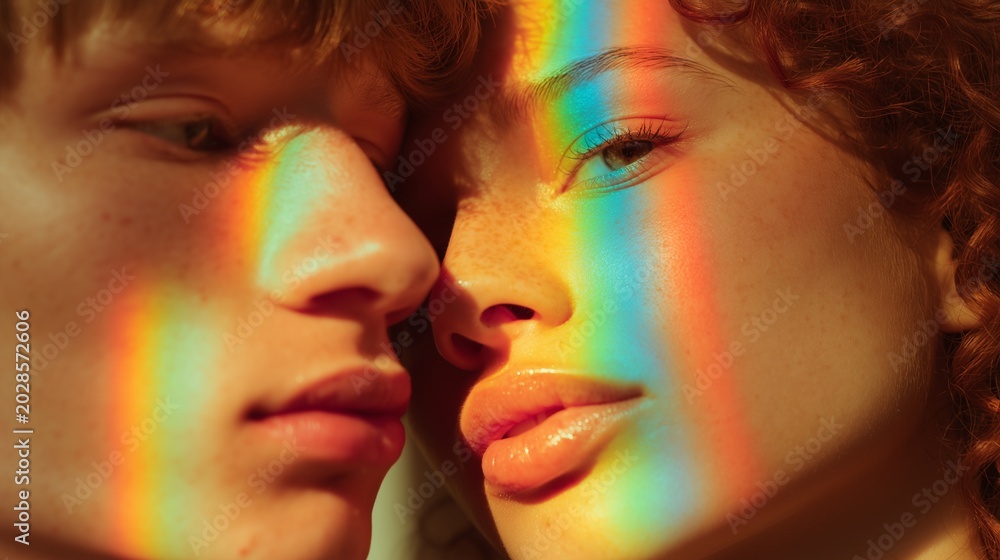 Obraz premium Close portrait of a young couple with soft rainbow prism light, Pride Month concept