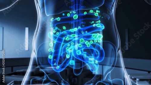 Abstract 3D digital illustration of a transparent human body showing the digestive system and intestines with glowing green bacteria cells and digital interface elements, representing gut health 