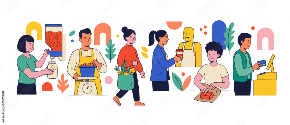 Fototapeta premium Zero waste grocery store shopping, eco-friendly sustainable lifestyle concept with people buying plastic-free bulk food, ethical consumption, flat vector illustration, environmental conscious consumer