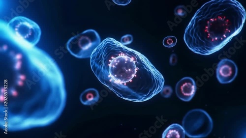 ​A 3D scientific illustration of microscopic cells or virus pathogens floating in a dark blue environment, featuring glowing membranes and red nuclei, ideal for medical, biotechnology, microbiology