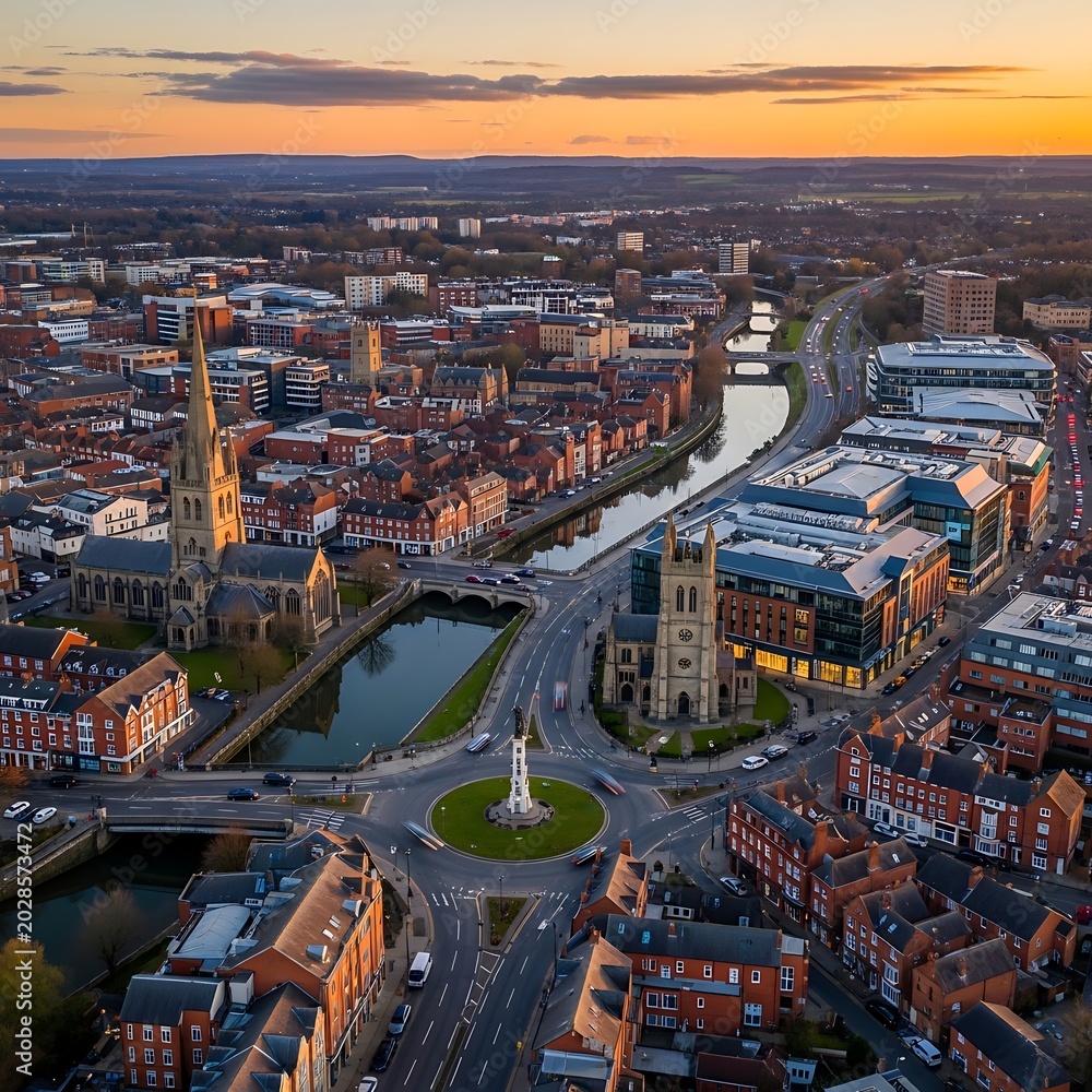 Obraz premium Historic City Center with Churches and Canal at Sunset From Aerial View