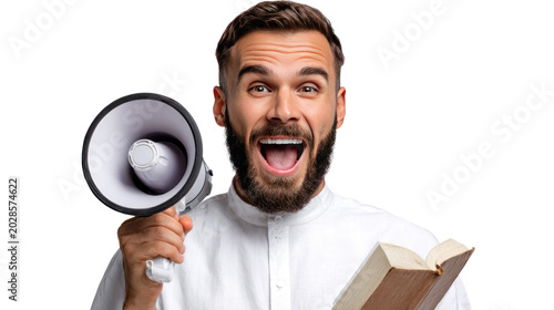 Pastor with Megaphone and Book: A bearded pastor holds a megaphone and an open book, exclaiming with excitement and passion, symbolizing outreach and faith.