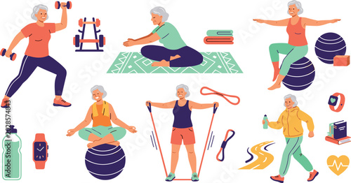 Konstfotografi Active Senior Woman Fitness Character Icon Set with Elderly Grandma Doing Yoga,