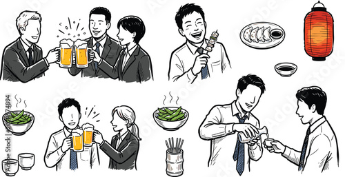 Foto Hand Drawn Japanese Izakaya Pub Culture Set with Business People Drinking Beer,