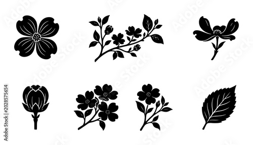 Floral Silhouettes Vector Set: Delicate Dogwood Blossoms and Leaves, Elegant Botanical Graphics for Spring Design
