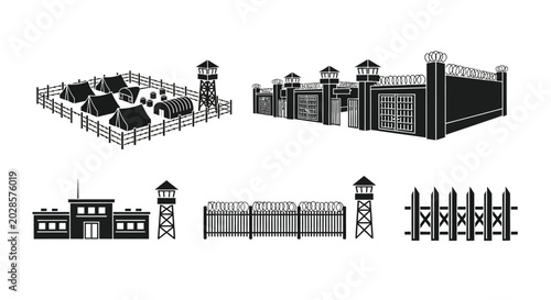 Tableau sur toile Prison camp buildings and guard towers silhouette