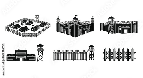 Billede på lærred Military base and prison camp silhouettes on a white background