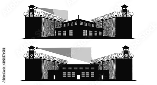 Obraz na plátne Prison fortress with guard towers and barbed wire silhouette