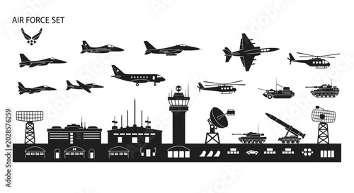 Canvas Print Military aircraft and ground vehicles silhouette