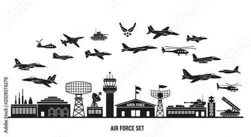 Fotografie Air force vehicles and buildings silhouette