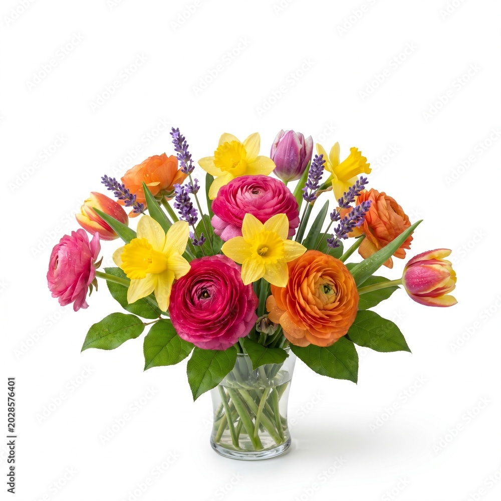 Fototapeta premium A beautiful arrangement of pink and orange ranunculus yellow daffodils purple lavender and tulips in a clear glass vase against a white background.
