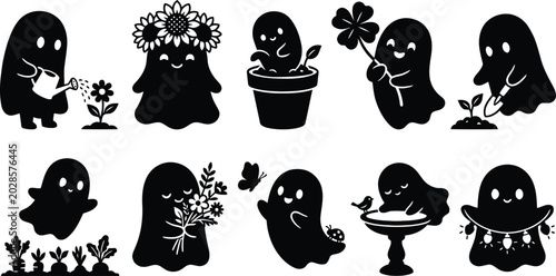 Quadro su tela Cute gardening ghost SVG bundle, kawaii spooky ghost with flowers vector set, li