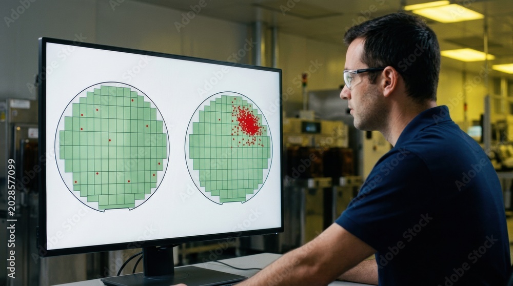 Obraz premium Medium shot showing a detailed lot comparison on a screen with visual wafer maps and defect clusters emphasizing batch performance differences.